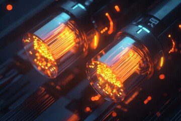 Poster - Illuminating glass tubes filled with warm glow enhance the technological landscape in a modern sound system setup. Generative AI