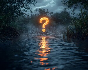 Poster - Glowing Question Mark Emerging from Rippling Water Symbolizing Life s Mysteries