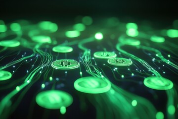 Poster - Digital representation of Bitcoin cryptocurrency network with interconnected nodes, symbolizing blockchain technology, decentralized finance, and the future of digital currency in a green neon glow.