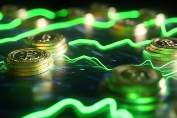 Poster - A dynamic composition of Bitcoin coins with illuminated green line graphs, symbolizing the fluctuations and trends in cryptocurrency investments and financial analysis in the digital age.