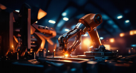Poster - A robotic arm works in a dimly lit factory setting, possibly welding metal parts. Orange and blue lighting accentuates the industrial automation.