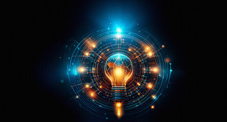 Aufkleber - Glowing light bulb with world map inside, surrounded by digital circles and lines on a dark backdrop. Suggests global innovation and bright technological ideas.