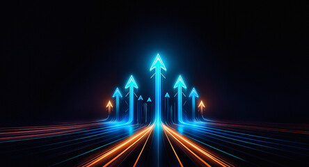Poster - Illuminated blue arrows ascend against a dark backdrop, propelled by vibrant orange streaks, symbolizing progress and forward momentum.