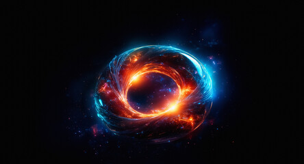 Poster - Abstract cosmic portal with swirling energy. A vibrant vortex of orange and blue light glows against a dark, space-like backdrop, creating a mesmerizing and dynamic scene.