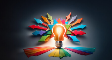 Poster - A glowing lightbulb radiates brightly, surrounded by vibrant arrows pointing outwards, representing the dissemination of innovative ideas and creative solutions.