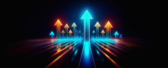Poster - Vibrant blue and orange arrows glow, pointing upwards on a dark background, suggesting forward motion and progress. Dynamic perspective.