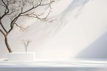 Poster - A white concrete wall features a light and gray abstract background with bokeh from leaf and tree shadows illuminated by sunlight