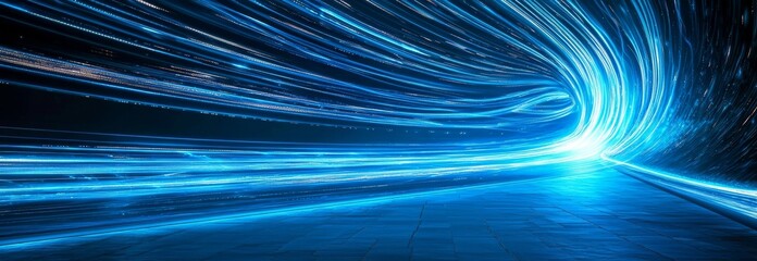 Wall Mural - Symmetrical reflections of rays and blue neon lines populate this abstract, futuristic background. The scene is otherwise empty, with only spotlights and beams providing light