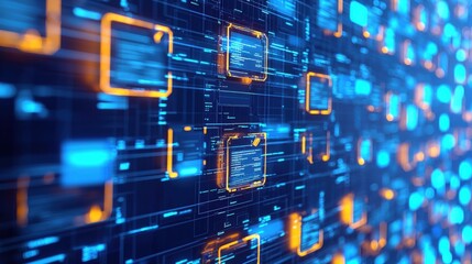 Poster - abstract network grid with files and folders, futuristic software interface, digital document manage