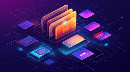 Poster - abstract network grid with files and folders, futuristic software interface, digital document manage