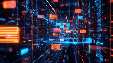 Poster - abstract network grid with files and folders, futuristic software interface, digital document manage