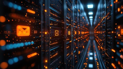 Poster - High-tech server room filled with numerous computer servers and advanced equipment for data storage