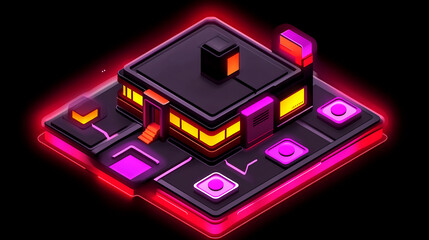 Poster - Futuristic neon building concept virtual environment digital art design urban landscape isometric view