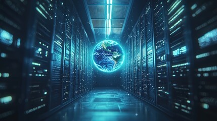Poster - World globe positioned in a high-tech server room illustrating global data management concepts