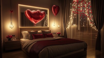 Sticker - Elegant Valentine bedroom decor; illuminated mirrors, red heart balloons, and a cozy, romantic atmosphere