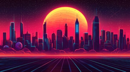 Poster - Enigmatic city skyline under a striking red moon creating a mystical and captivating atmosphere