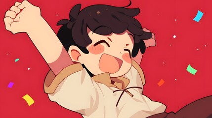 Poster - Cheerful and energetic cartoon boy jumping with colorful festive confetti on a vibrant red background  of a young happy child in a playful joyful mood