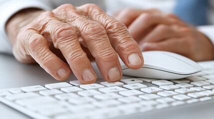 Poster - Person's hands typing on computer keyboard with focused expression in modern workspace environment