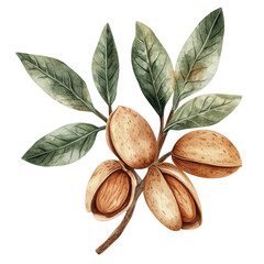 branch with almonds and leaves in artistic botanical illustration