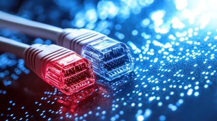 Poster - Bright red and white ethernet cable coiled on a simple surface emphasizing connectivity and speed