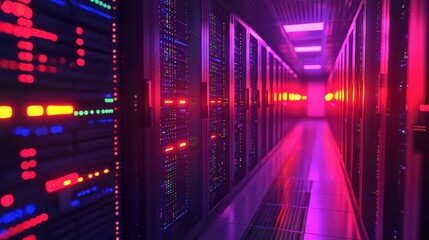 Poster - High-tech server room illuminated by red and blue lights with racks of computer servers in rows
