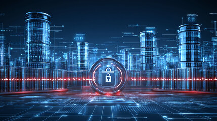 Poster - Cybersecurity measures in digital infrastructure modern cityscape graphic design futuristic environment aerial view data protection