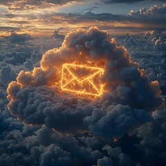 Poster - glowing email icon floating in serene cloud filled sky symbolizing digital communication