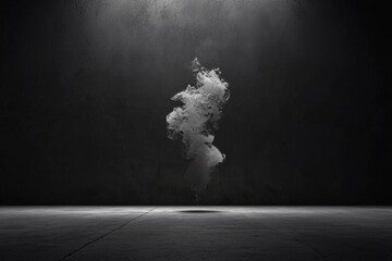 Poster - A dimly lit studio, accentuated by spot lights and shrouded in fog on a concrete floor, set in a black background