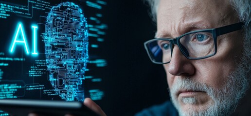 Poster - In a cutting-edge business setting, a businessman engages with an AI-driven stock market interface, coding software, and streamlining network connections, IoT, and innovative solutions