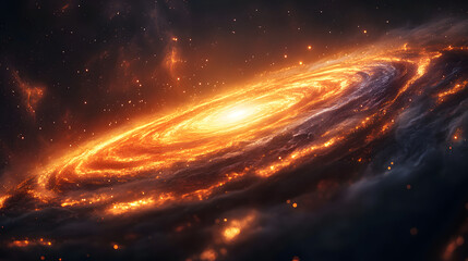 Wall Mural - Galactic Symphony: A breathtaking cosmic vista unfolds, showcasing a vibrant spiral galaxy ablaze with fiery light, a symphony of celestial beauty and mystery.