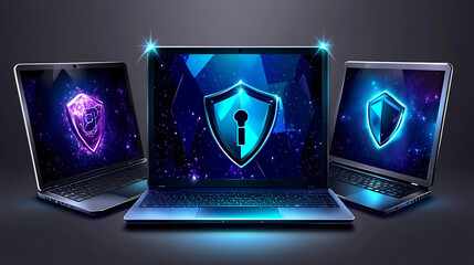 Poster - Cybersecurity action protecting data on laptops in digital space graphic design dark environment futuristic concept