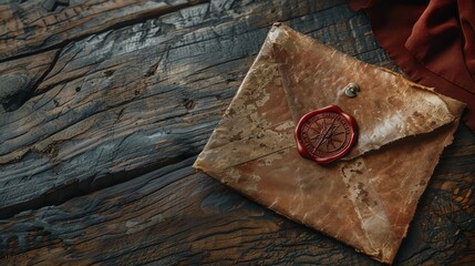 Wall Mural - A vintage looking envelope with a wax seal and red ribbon on a rustic wooden table.