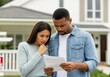 © Anna - Worried couple reading financial document outside home with For sale sign