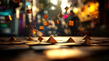 Wall Mural - Geometric shapes falling in a city sunset scene