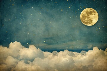 Wall Mural - Serene night sky with a full moon shining above fluffy clouds and scattered stars.