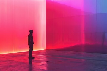 Poster - Silhouette of a man standing in a room with vibrant pink and purple walls.