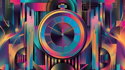 Wall Mural - A colorful, abstract design featuring a clock in the center, with geometric shapes and gradients.