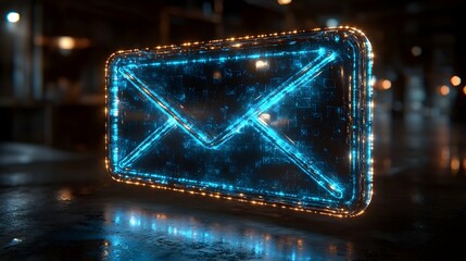 Sticker - Futuristic 3D Email Icon with Metallic Shine Floating Above Transparent Surface