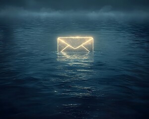 Poster - Glowing Email Icon Reflected in Serene Rippling Water on Minimalist White Backdrop