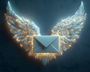 Poster - glowing winged email icon soaring through white space