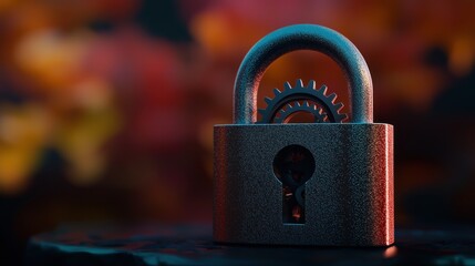 Wall Mural - a close-up of a metallic padlock with a gear mechanism, set against a blurred autumn background