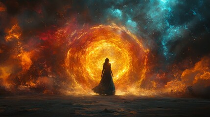 Wall Mural - enigmatic figure standing before a cosmic portal of fire and light