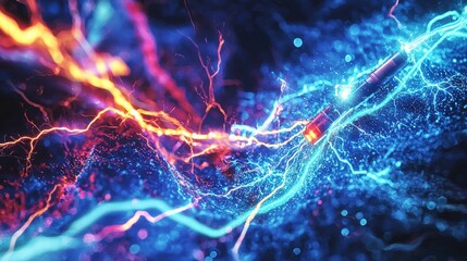 Poster - Striking blue and red background illuminated by a bright radiant light burst