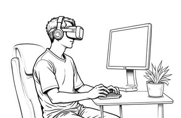 Poster - A man is playing a VR game in a room with a free space for text on the side.