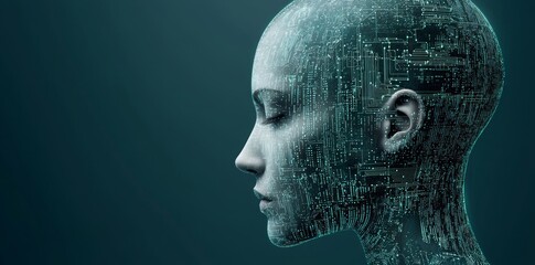 Poster - A 3D illustration depicting the big data and stock concept, integrated with machine learning and cyber mind domination, shown as a woman's face against a dark blue technological backdrop