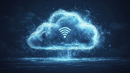 Poster - A whimsical cloud illustration featuring a wifi icon hovering above