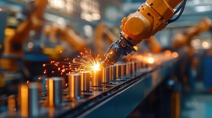Poster - advanced robotic arm welding steel in metal industry assembly line with spark explosion and high-tec