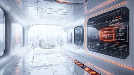 Poster - Futuristic Cityscape View From Modern Spacecraft Corridor