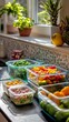 © Olsek - Vibrant containers showcase a variety of fresh vegetables and fruits. A bright kitchen scene captures healthy eating inspiration. Enjoy the beauty of fresh produce. Generative AI