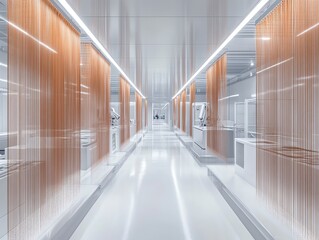 Poster - Modern White Corridor with Copper Curtains and Robotic Equipment